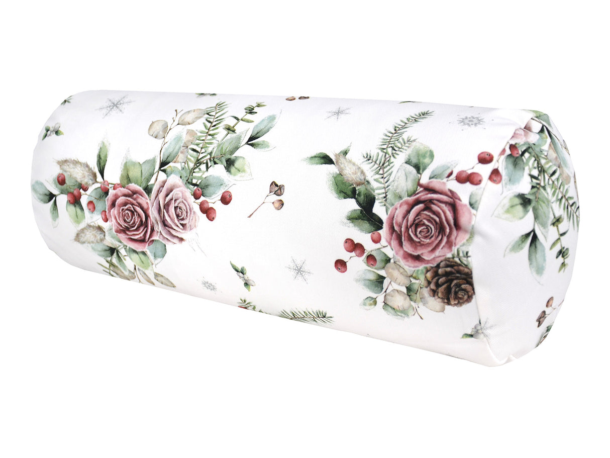 Weisse Nackenrollenhuelle ca. 15x40 cm – Winterdeko mit rosa, gefrosteten Rosen, Tannenzapfen und Zweigen. – 100% Baumwolle – Aus der beties Magie des Winters "Frost-Rose" Kollektion.