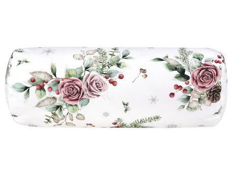 Weisse Nackenrollenhuelle ca. 15x40 cm – Winterdeko mit rosa, gefrosteten Rosen, Tannenzapfen und Zweigen. – 100% Baumwolle – Aus der beties Magie des Winters "Frost-Rose" Kollektion.