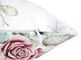 Weisse Kissenhuelle ca. 30x50 cm – Winterdeko mit rosa gefrosteten Rosen, Kieferzapfen und Zweigen im Alloverdruck. Detailansicht von dem Reissverschluss – 100% Baumwolle – Aus der beties Magie des Winters "Frost-Rose" Kollektion.