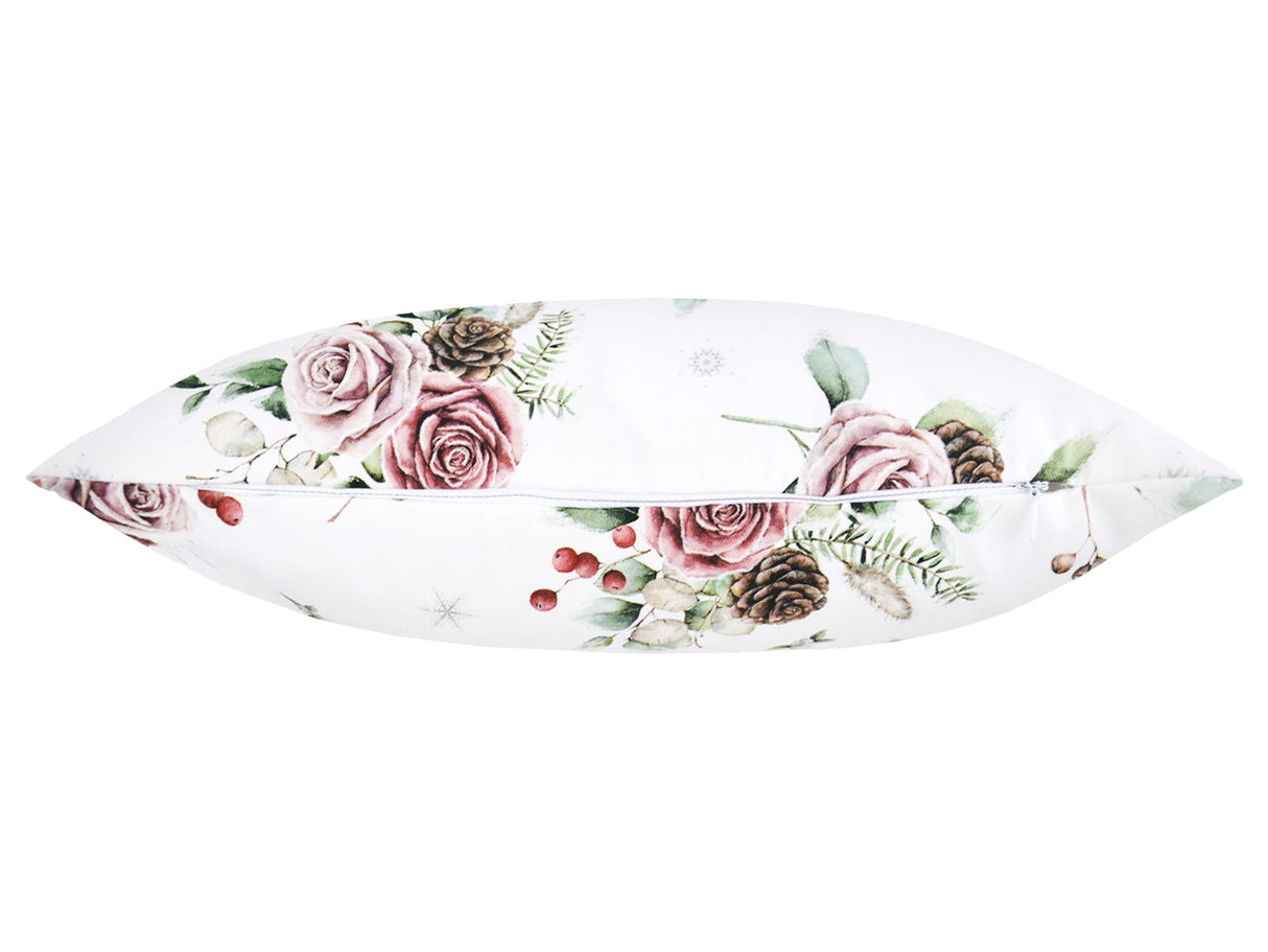 Weisse Kissenhuelle ca. 40x40 cm – Winterdeko mit rosa gefrosteten Rosen, Kieferzapfen und Zweigen im Alloverdruck Ansicht von unten mit Reissverschluss – 100% Baumwolle – Aus der beties Magie des Winters "Frost-Rose" Kollektion.