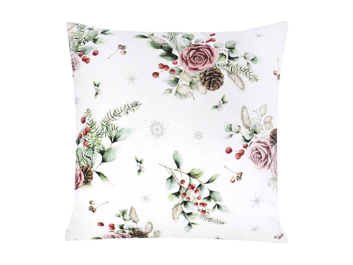 Weisse Kissenhuelle ca. 40x40 cm – Winterdeko mit rosa gefrosteten Rosen, Kieferzapfen und Zweigen im Alloverdruck – 100% Baumwolle – Aus der beties Magie des Winters "Frost-Rose" Kollektion.