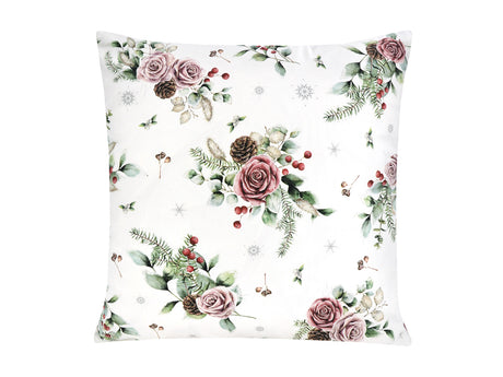 Weisse Kissenhuelle ca. 50x50 cm – Winterdeko mit rosanen gefrosteten Rosen, Kieferzapfen und Zweigen im Allloverdruck – 100% Baumwolle – Aus der beties Magie des Winters "Frost-Rose" Kollektion.