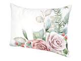 Weisse Kissenhuelle ca. 25x35 cm – Winterdeko mit gefrostetem Rosen-Bukett in mauve – 100% Baumwolle – Aus der beties Magie des Winters "Frost-Rose-Bukett" Kollektion.