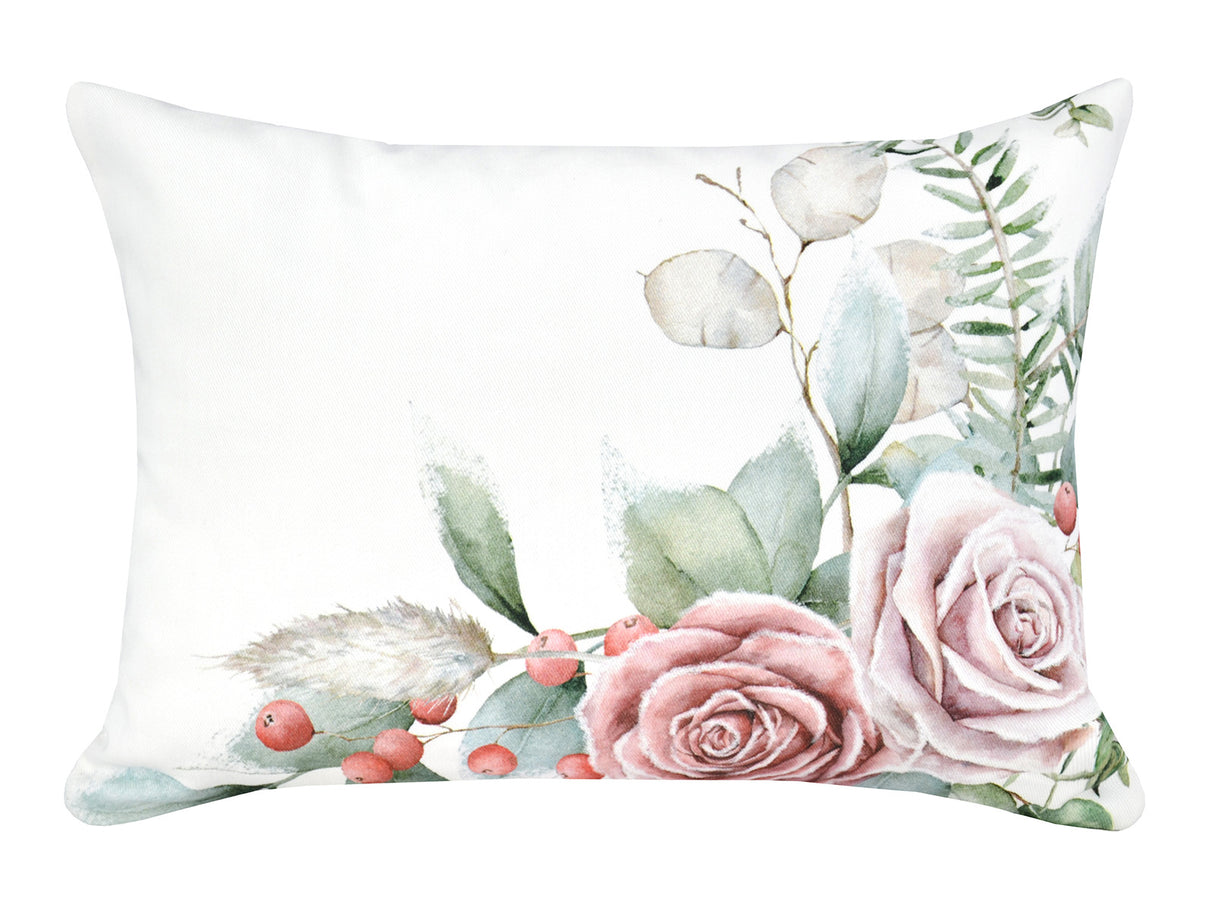 Weisse Kissenhuelle ca. 25x35 cm – Winterdeko mit gefrostetem Rosen-Bukett in mauve – 100% Baumwolle – Aus der beties Magie des Winters "Frost-Rose-Bukett" Kollektion.