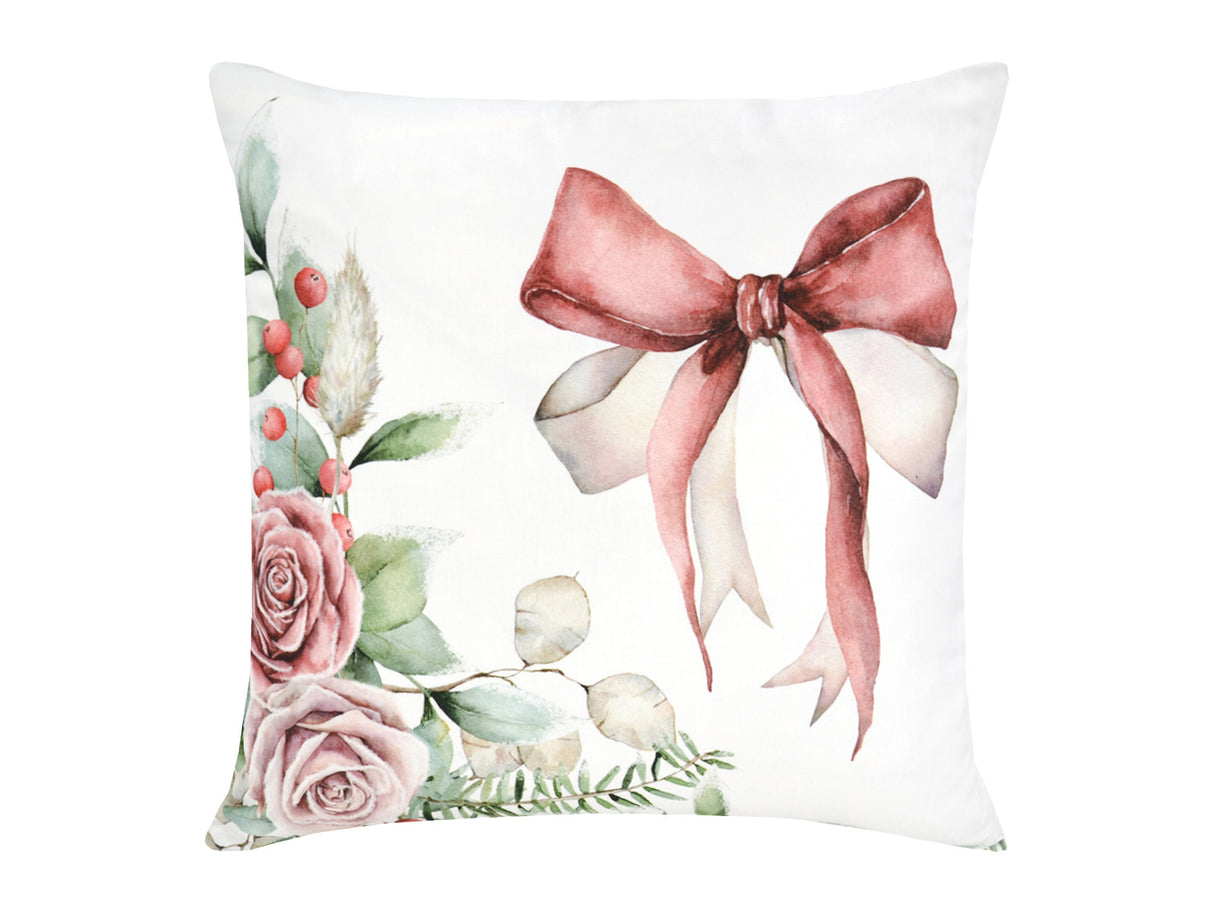 Weisse Kissenhuelle ca. 50x50 cm – Winterdeko mit rosaner Schleife und rosanen, gefrosteten Rosen und Zweigen – 100% Baumwolle – Aus der beties Magie des Winters "Frost-Rose Schleife" Kollektion.