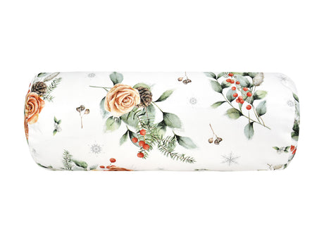 Weisse Nackenrollenhuelle ca. 15x40 cm – Winterdeko mit orangen, gefrosteten Rosen, Tannenzapfen und Zweigen – 100% Baumwolle – Aus der beties Magie des Winters "Frost-Rose" Kollektion.