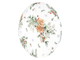 Runde, weisse Kissenhuelle ca. 40 cm im Durchmesser – Winterdeko mit gefrosteten Rosen in orange – 100% Baumwolle – aus der beties Magie des Winters "Frost-Rose" Kollektion.