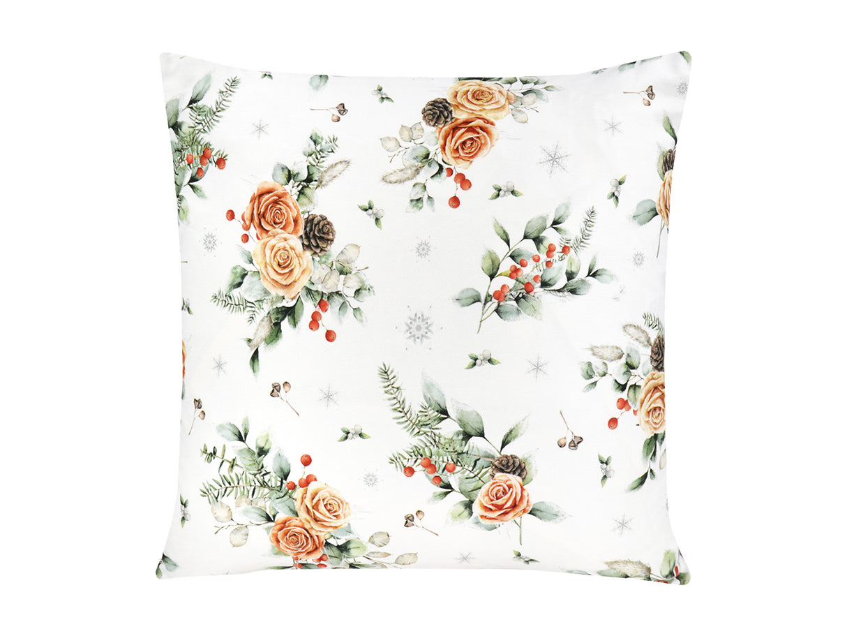Weisse Kissenhuelle ca. 50x50 cm – Winterdeko mit orangen gefrosteten Rosen, Kieferzapfen und Zweigen im Allloverdruck – 100% Baumwolle – Aus der beties Magie des Winters "Frost-Rose" Kollektion.
