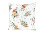 Weisse Kissenhuelle ca. 50x50 cm – Winterdeko mit orangen gefrosteten Rosen, Kieferzapfen und Zweigen im Allloverdruck – 100% Baumwolle – Aus der beties Magie des Winters "Frost-Rose" Kollektion.