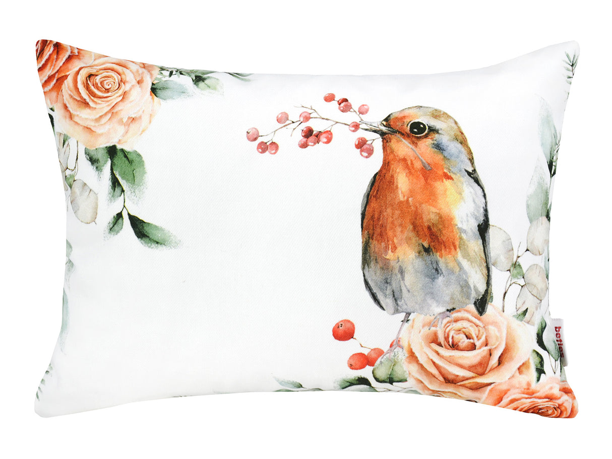 Weisse Kissenhuelle ca. 25x35 cm – Winterdeko mit Rotkelchen, orangen, gefrosteten Rosen und Zweigen  – 100% Baumwolle – Aus der beties Magie des Winters "Frost-Rose Rotkelchen" Kollektion.
