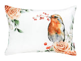 Weisse Kissenhuelle ca. 25x35 cm – Winterdeko mit Rotkelchen, orangen, gefrosteten Rosen und Zweigen  – 100% Baumwolle – Aus der beties Magie des Winters "Frost-Rose Rotkelchen" Kollektion.