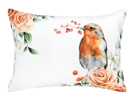 Weisse Kissenhuelle ca. 25x35 cm – Winterdeko mit Rotkelchen, orangen, gefrosteten Rosen und Zweigen  – 100% Baumwolle – Aus der beties Magie des Winters "Frost-Rose Rotkelchen" Kollektion.