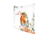 Weisse Kissenhuelle ca. 50x50 cm – Winterdeko mit einem Rotkelchen und orangen gefrosteten Rosen und Zweigen – 100% Baumwolle – Aus der beties Magie des Winters "Frost-Rose Rotkelchen" Kollektion.