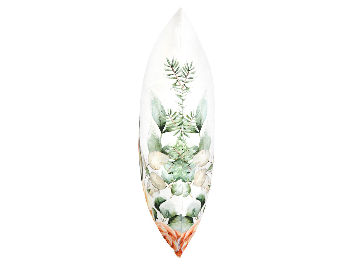 Weisse Kissenhuelle ca. 50x50 cm – Winterdeko mit einem Rotkelchen und orangen gefrosteten Rosen und Zweigen. Ansicht von der Seite – 100% Baumwolle – Aus der beties Magie des Winters "Frost-Rose Rotkelchen" Kollektion.