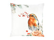 Weisse Kissenhuelle ca. 50x50 cm – Winterdeko mit einem Rotkelchen und orangen gefrosteten Rosen und Zweigen – 100% Baumwolle – Aus der beties Magie des Winters "Frost-Rose Rotkelchen" Kollektion.