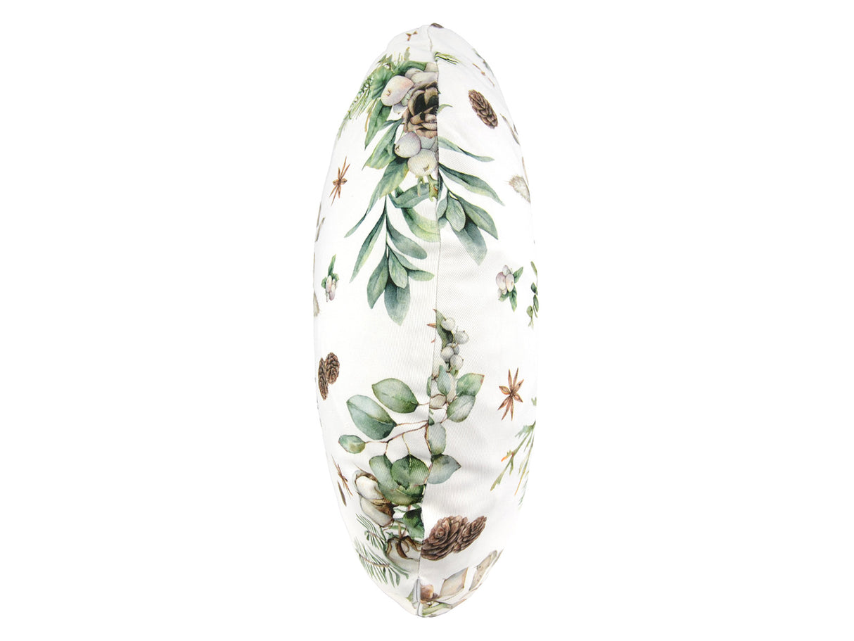 Runde Kissenhuelle ca. 40 cm im Durchmesser seitliche Ansicht – Winterdeko mit Tannenzapfen – 100% Baumwolle – aus der beties Kollektion Magie des Winters "Moggl"