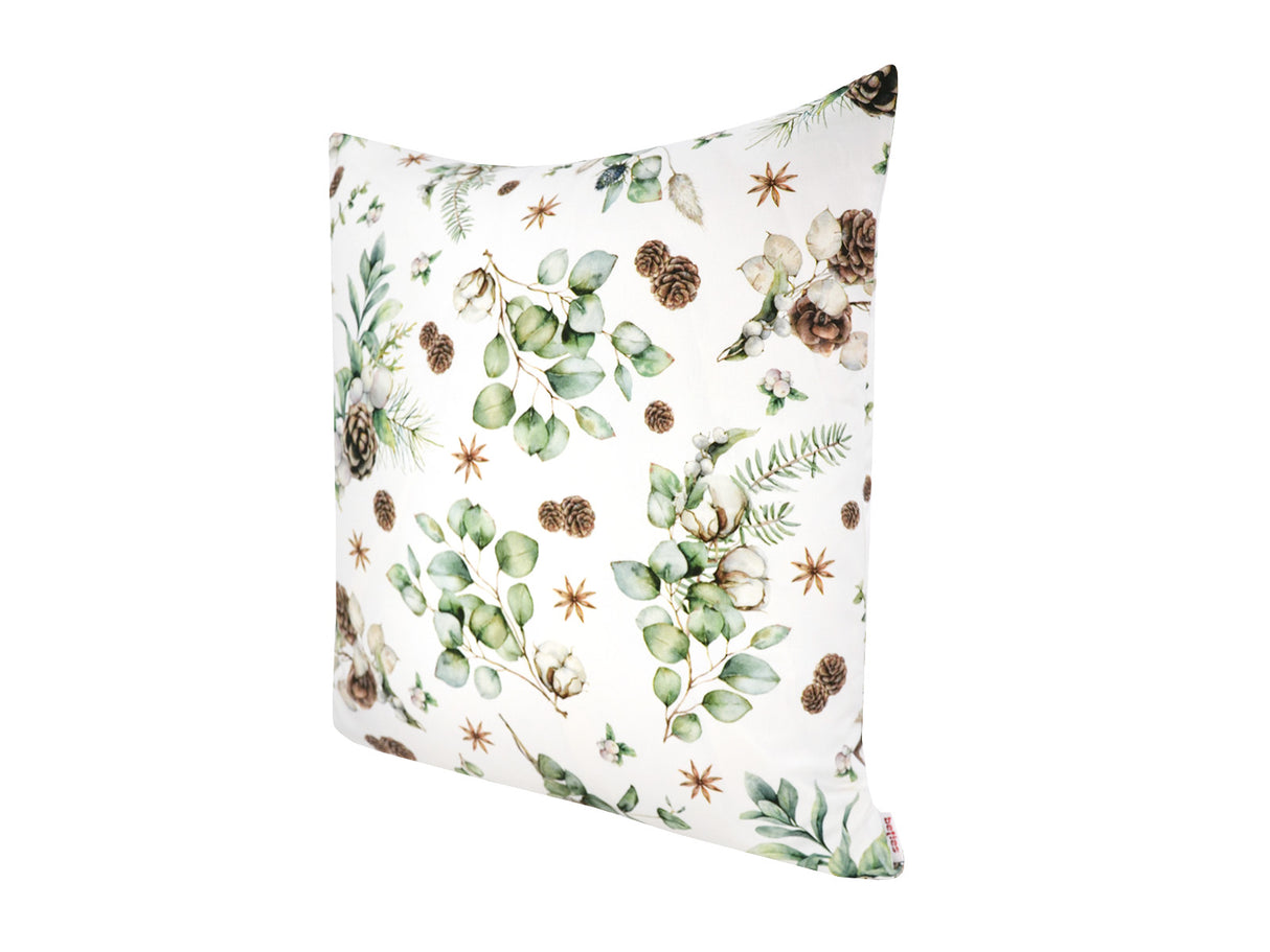 Weisse Kissenhuelle ca. 50x50 cm – Winterdeko mit Tannenzapfen – 100% Baumwolle – aus der beties Kollektion, Magie des Winters "Moggl"