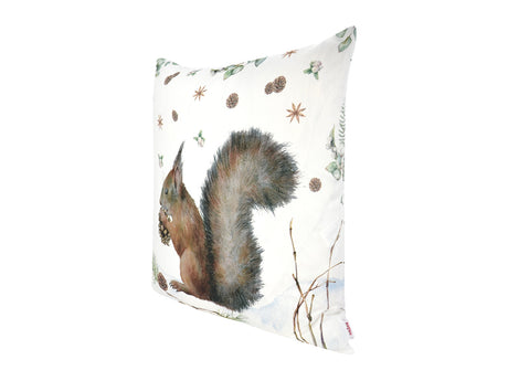Weisse Kissenhuelle ca. 50x50 cm – Winterdeko mit einem Eichhoernchen und Kieferzapfen – 100% Baumwolle – beties Magie des Winters "Moggl-Eichhörnchen"
