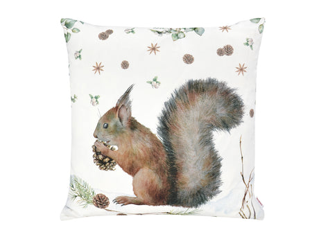 Weisse Kissenhuelle ca. 50x50 cm – Winterdeko mit Eichhoernchen und Tannenzapfen – 100% Baumwolle – beties Magie des Winters "Moggl-Eichhörnchen"