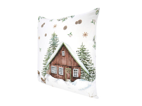 Weisse Kissenhuelle ca. 50x50 cm – Winterdeko mit Hütte und Rehen – 100% Baumwolle – beties Magie des Winters "Moggl-Hütte"