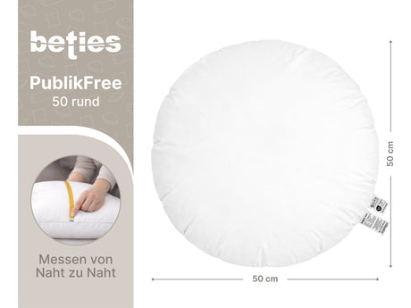 beties PublikFree Polyesterflocken Füllkissen 50 cm rund – Maßzeichnung Durchmesser 50 cm, rundes veganes Dekokissen ohne Federn, Kissenbezug Baumwolle