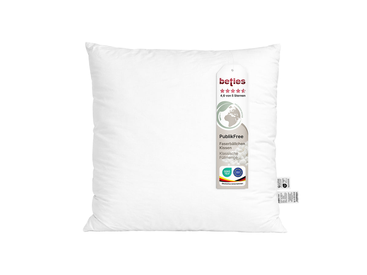 beties PublikFree Polyesterflocken Füllkissen 60x60 cm – etikett, Materialzusammensetzung 100% Polyester, vegan, waschbar, Made in Europe
