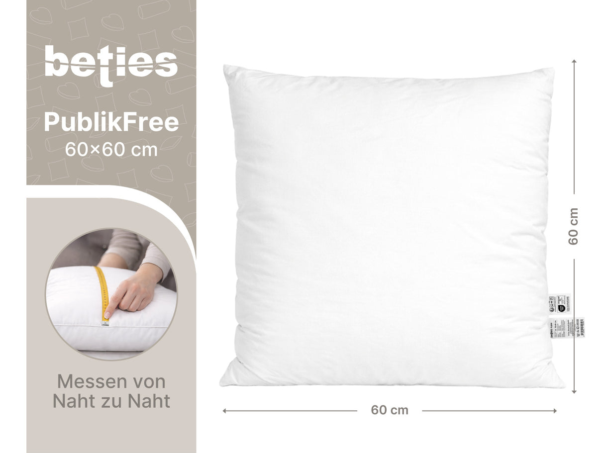 beties PublikFree Polyesterflocken Füllkissen 60x60 cm – Maßzeichnung Breite 60 cm Höhe 60 cm, veganes Füllkissen ohne Federn, Kissenbezug Baumwolle