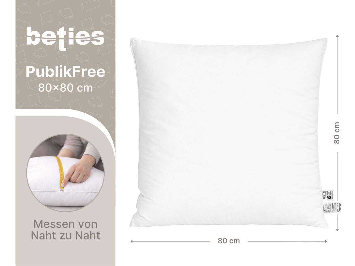 beties PublikFree Polyesterflocken Kopfkissen 80x80 cm – Maßzeichnung Breite 80 cm Höhe 80 cm, veganes Schlafkissen ohne Federn