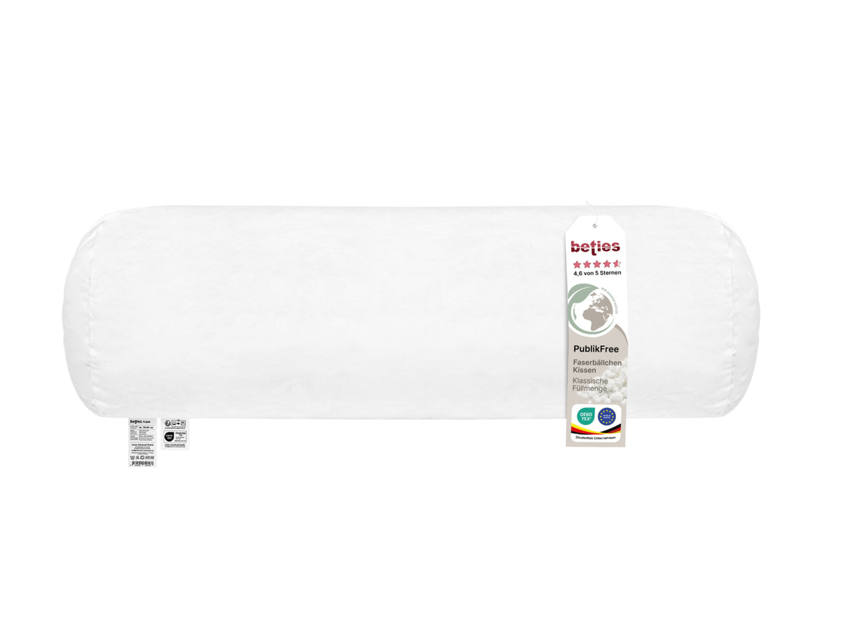 beties PublikFree Polyesterflocken Nackenrolle 15x40 cm – Nahaufnahme Pflegeetikett, Materialzusammensetzung 100% Polyester, vegan, waschbar, Made in Europe