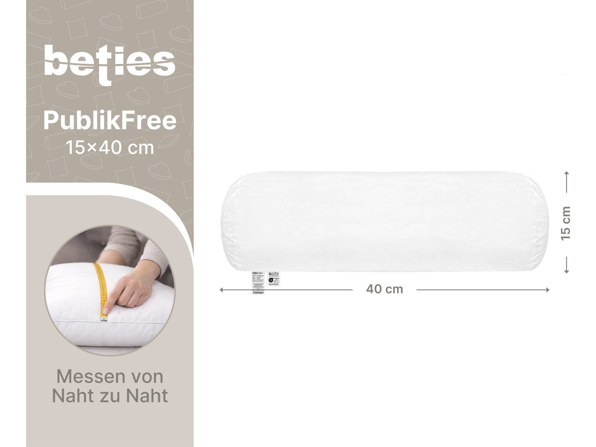 beties PublikFree Polyesterflocken Nackenrolle 15x40 cm – Maßzeichnung Länge 40 cm Durchmesser 15 cm, veganes Füllkissen ohne Federn