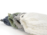Eisbeutel – Kuehlbeutel aus Waffelpique Leinen-Baumwoll-Mix – nordisches Design von beties aus der "PUR.NATURE" Serie. Detailansicht des Zug-Bands in den Farben Gletscher-weiss, Nebel-grau, Salbei-gruen und Fjord-blau.