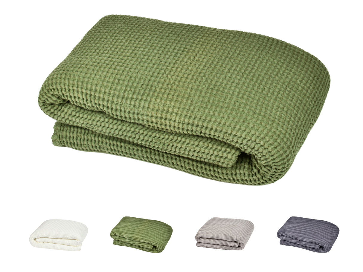 Wellnesstuch & Wohndecke ca. 215x230 cm – Waffelpique aus Baumwolle & Leinen – Hygienisch & Stilvoll für Wohnen, Schlafen, Sauna & Wellness von beties aus der  "PUR.NATURE" Serie. In den uni Farben Nebel-grau, Salbei-grün, Gletscher-weiss Und Fjord-blau.